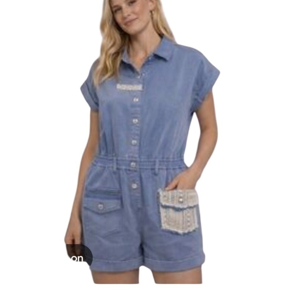 POL Light Wash 100% cotton soft Denim Romper Lace Crochet Pocket Blue Small‎ NEW